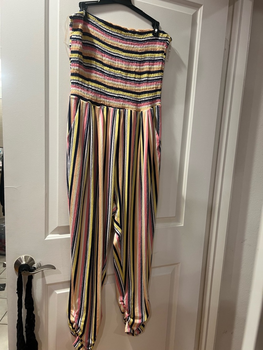 Striped Strapless Smocked Jumpsuit in Multi-Stripe